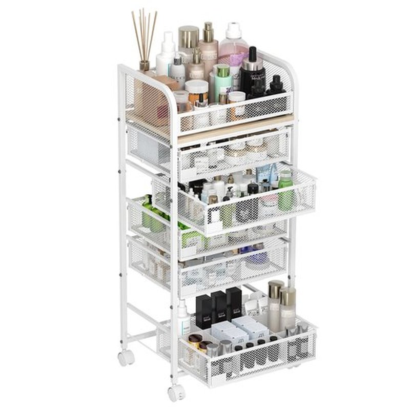 MODCART Makeup Organizer with 5 Drawers, Skincare Storage, Floor Skincare Organizers with Wheels Nameplates,Vanity Cosmetic Holder for Perfume, Nail Polish, Brushes, White