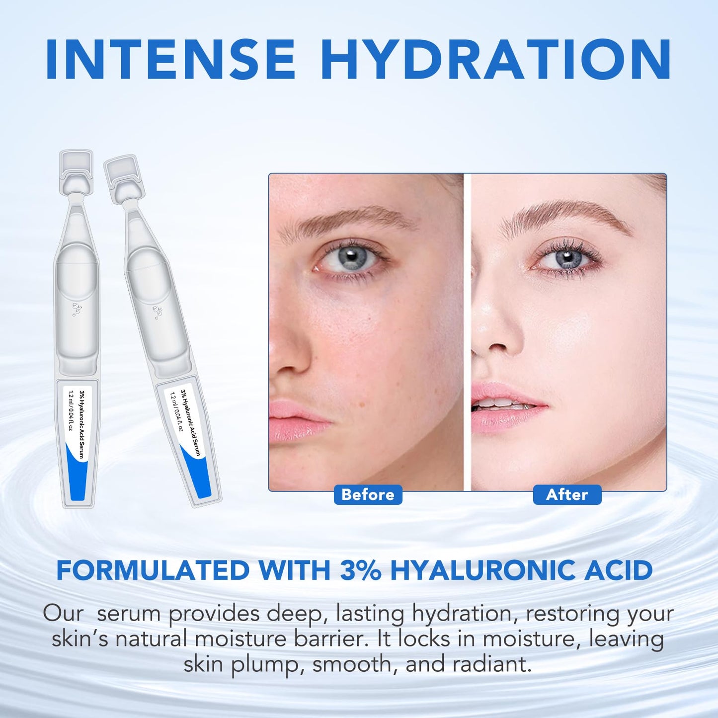 60PCS Ultra Hydrating Hyaluronic Acid Serum Tubes,3% Percent Hyaluronic Acid Moisturizer for Face & acne & scars,Single Use,Intensive Moisturizing, Skin Tightening, Emergency Repair, Anti-Aging