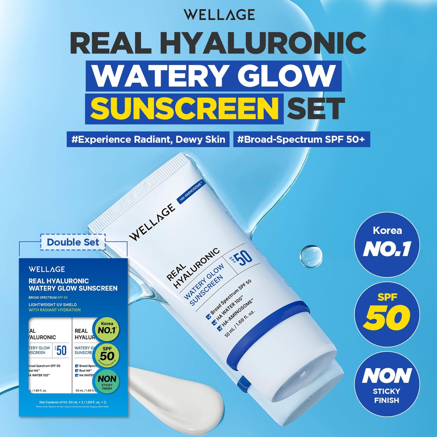WELLAGE Real Hyaluronic Watery Glow Sunscreen SPF50 1.69 fl.oz (2 Pack), No White Cast