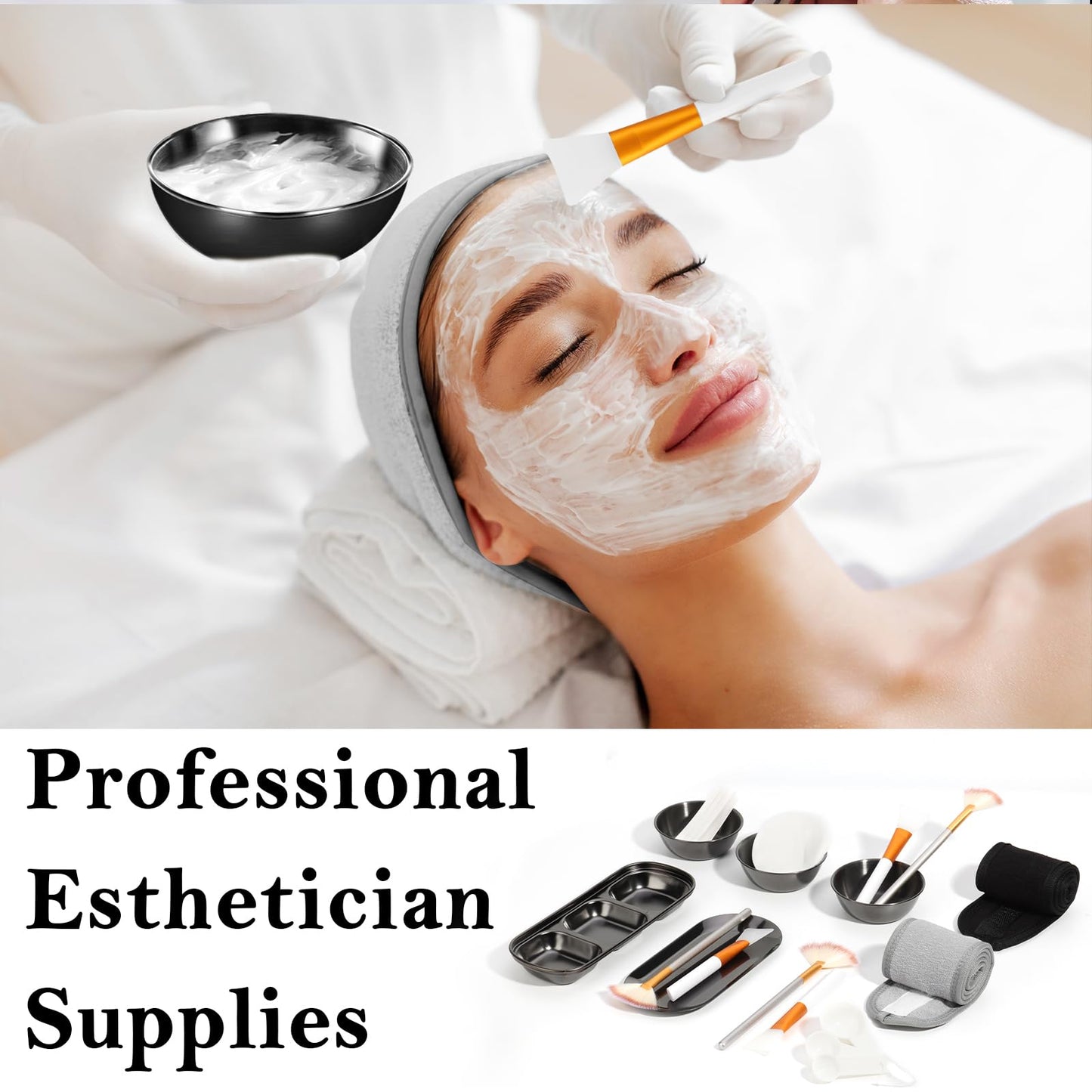 28 Black Facial Supplies 3 Facial Mask Mixing Bowls 3 Facial Fan Brushes 3 Mask Applicator Brushes 3 Mask Measuring Spoons Skincare Tray 3-Compartment Serving Tray 12 Facial Sponges 2 Spa Headbands