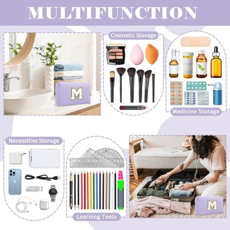 Personalized Makeup Bag Initial A-Z Preppy Patch Bag,Small PU Leather Travel Cosmetic Bag Pouch with Zipper,Purple Cute Toiletry Bag,Gift Ideal for Teen Girls Women Birthday Friend Mom,Latter M