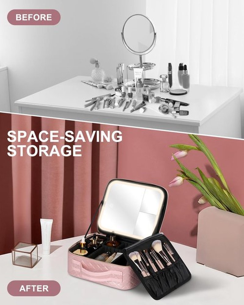 MAYFIY Makeup Bag with LED Mirror and Travel Makeup Train Case Cosmetic Organiser with 2X3X Magnifying Mirror and Separate Makeup Brush Panel, Portable Adjustable Divider Storage Bag, Pink