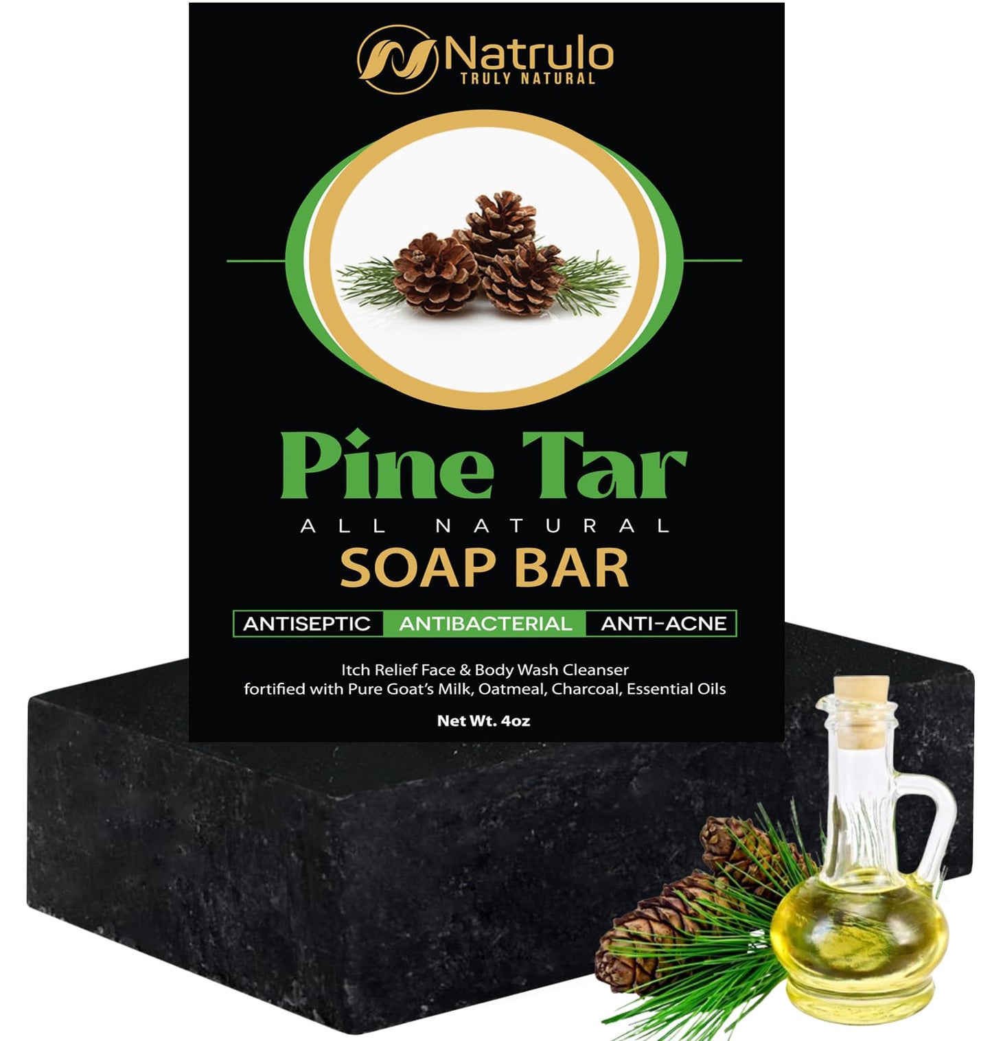 All Natural Pine Tar Soap Bar 4oz – Cleansing Anti Acne Eczema Psoriasis Itch Relief Pine Tar Face & Body Wash Cleanser – Pure Goat’s Milk Soap with Oatmeal, Charcoal, Essential Oils Made in USA