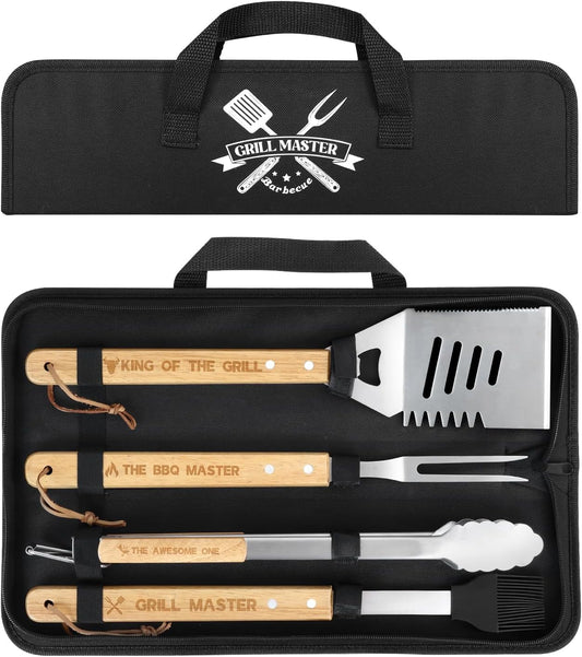 BBQ Grilling Accessories Set - 4PCS Stainless Steel Tools with Tongs, Fork, Spatula & Brush | Perfect Gift for Men