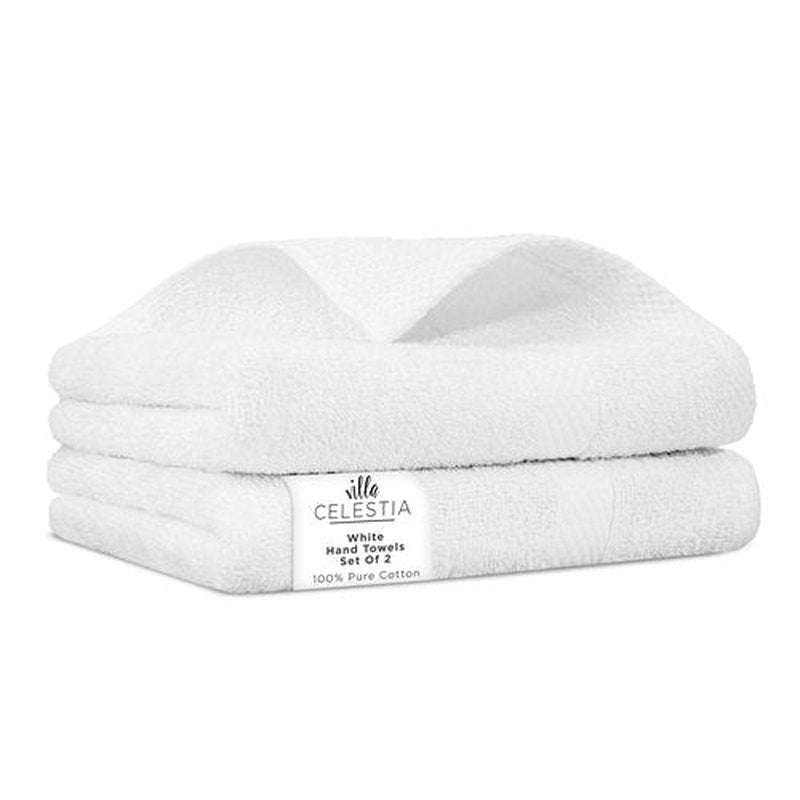 Villa Celestia 100% Cotton Hand Towel Set of 2, (16 x 28 inches) Sustainable, Soft, Highly Absorbent, Quick Drying, Combed Cotton Hand Towels Pack of 2 Ideal for Hotels, Spa, Bathroom, Dorm, White