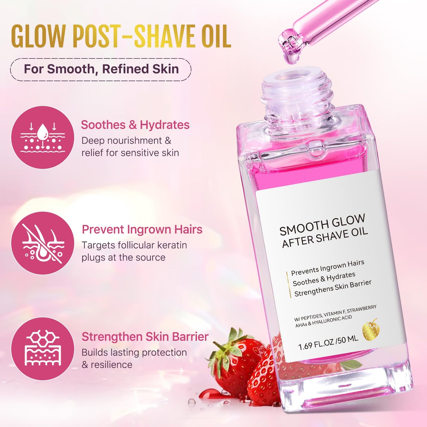 KITNOBLIS After Shave Oil Women for Smooth Skin, Strawberry Shaving Oil with Peptides & Hyaluronic Acid - Razor Bump Prevention & Anti-Aging Treatment for Ingrown Hair, Hydration & Soothing (50 ML)