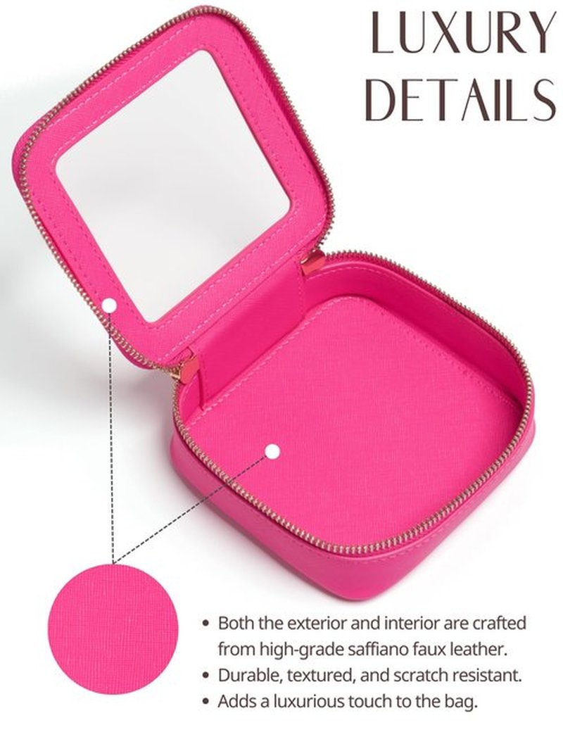 Mini Makeup Bag Clear Small Travel Cosmetic Case Leather Cute Hot Pink Pouch for Purse Organizer Make Up Bag for Women Car Toiletry Bag with Zipper for School
