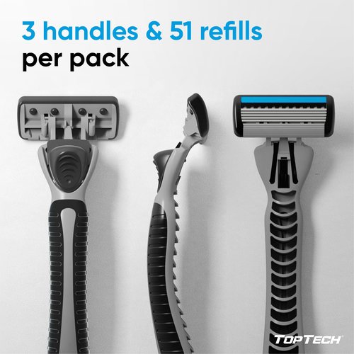 TopTech PRO 5 Razors for Men Trio Set - Manual Shaving Razors & Refills - 54 Count Pack (3 Handles + 51 Replaceable Cartridges) - 5-Blades Technology - Soft Shave & Sharp - Best Refill Price