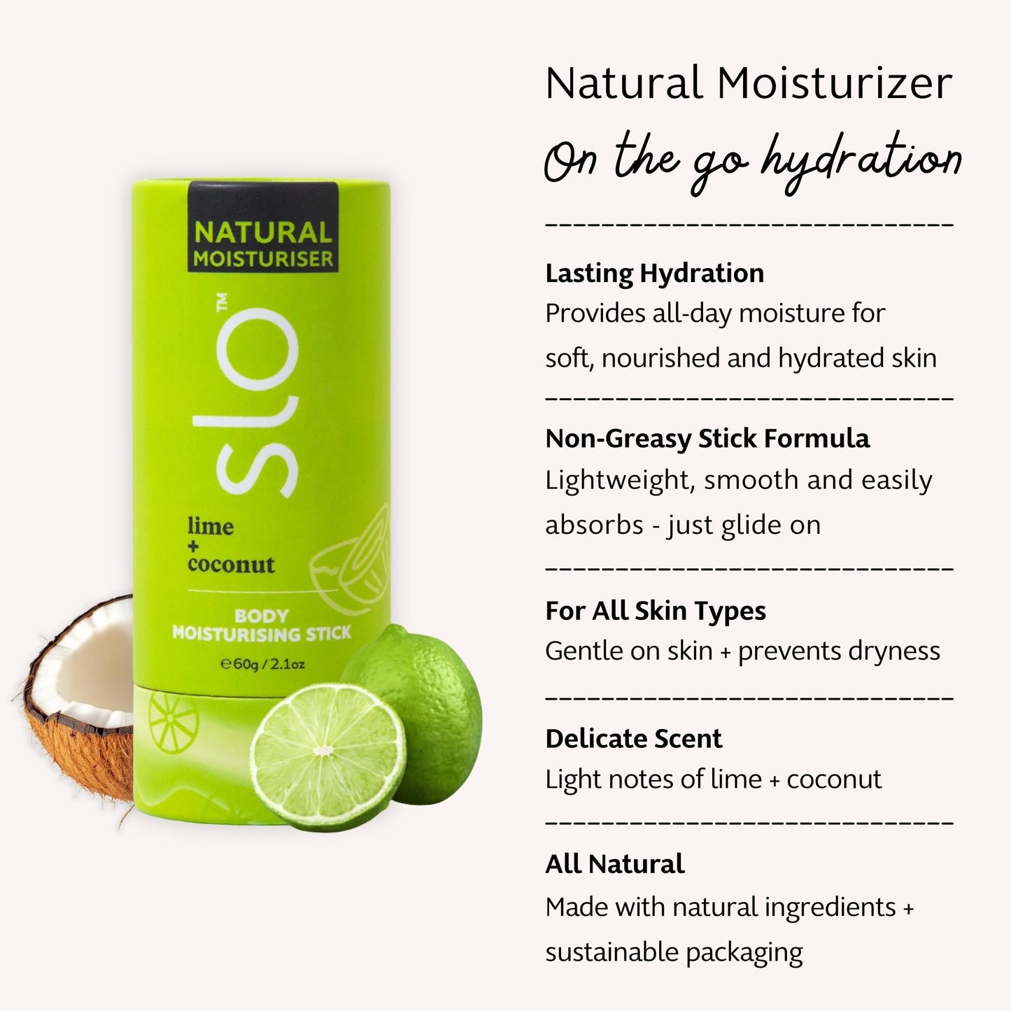 Slo Natural Moisturizing Stick | Body Balm for Dry Skin with Organic Ingredients | Hydrating + Nourishing | Coconut, Cocoa Butter & Antioxidants | Travel-Friendly | Pina Colada + Zinc | 2.11oz/60g