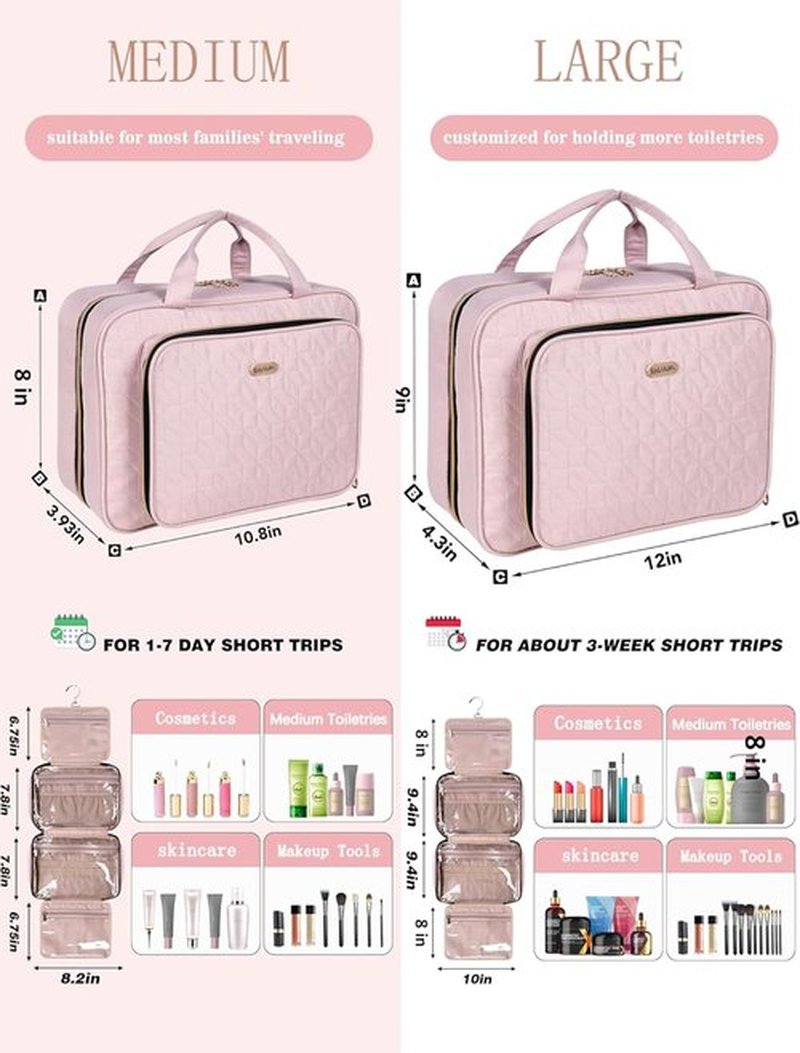 BALULHG Pink Toiletry Bag Travel with Hanging Hook, Water-resistant Cosmetic Makeup Bag Organizer for Shampoo, Full Sized Container, Toiletries