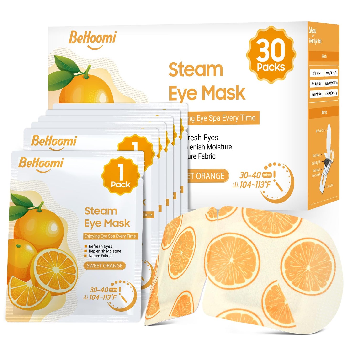 BeHoomi 30Packs Steam Eye Mask, Heated Eye Mask Warm Compress for Eyes, Self Heating Warm Eye Masks Disposable Steam Mask for Home Sleep, Spa, Travel Essentials & Relaxation Gifts (Sweet Orange)