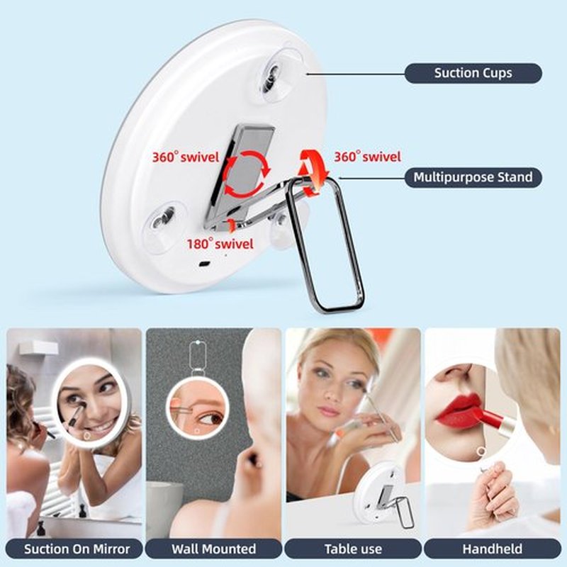 10X Magnifying Mirror with Lights, 6inch Lighted Magnifying Mirror with Suction Cups and Stand, Makeup Mirror with 10X Magnification Portable Travel Magnifying Mirror, 10X Magnified Mirror with Lights