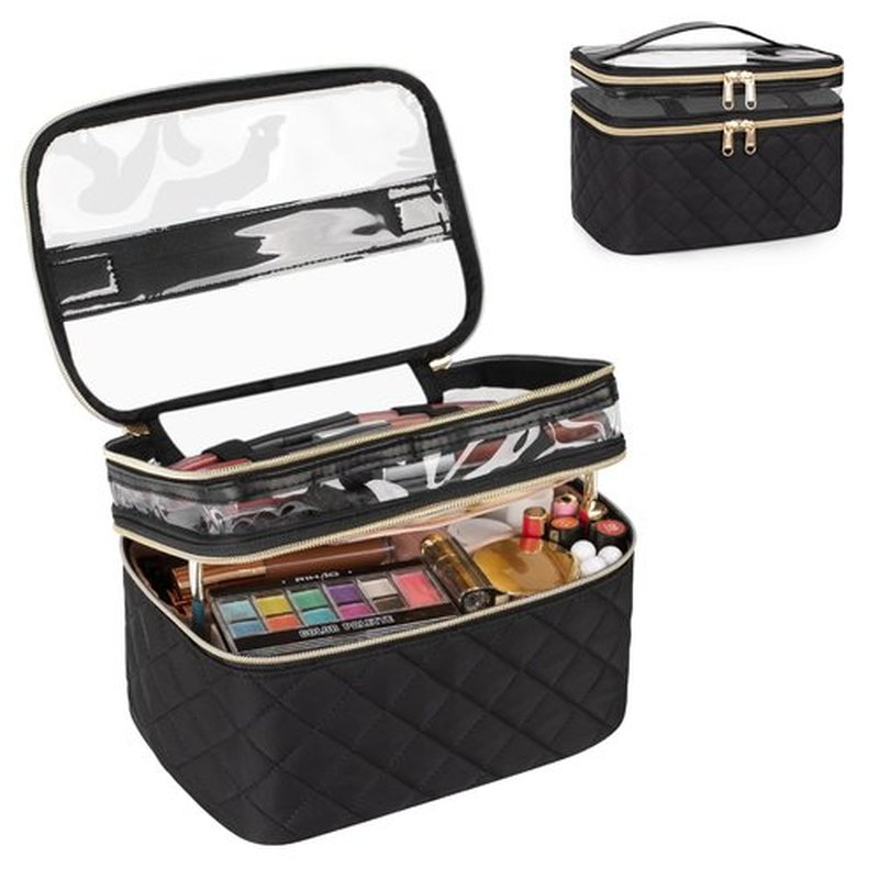 OCHEAL Makeup Bag, Double layer Cosmetic Cases Travel Makeup Organizer Toiletry Bags Large Make Up Bag For Women Girls with Adjustable Dividers and Brush Organize Area -Black Rhombus