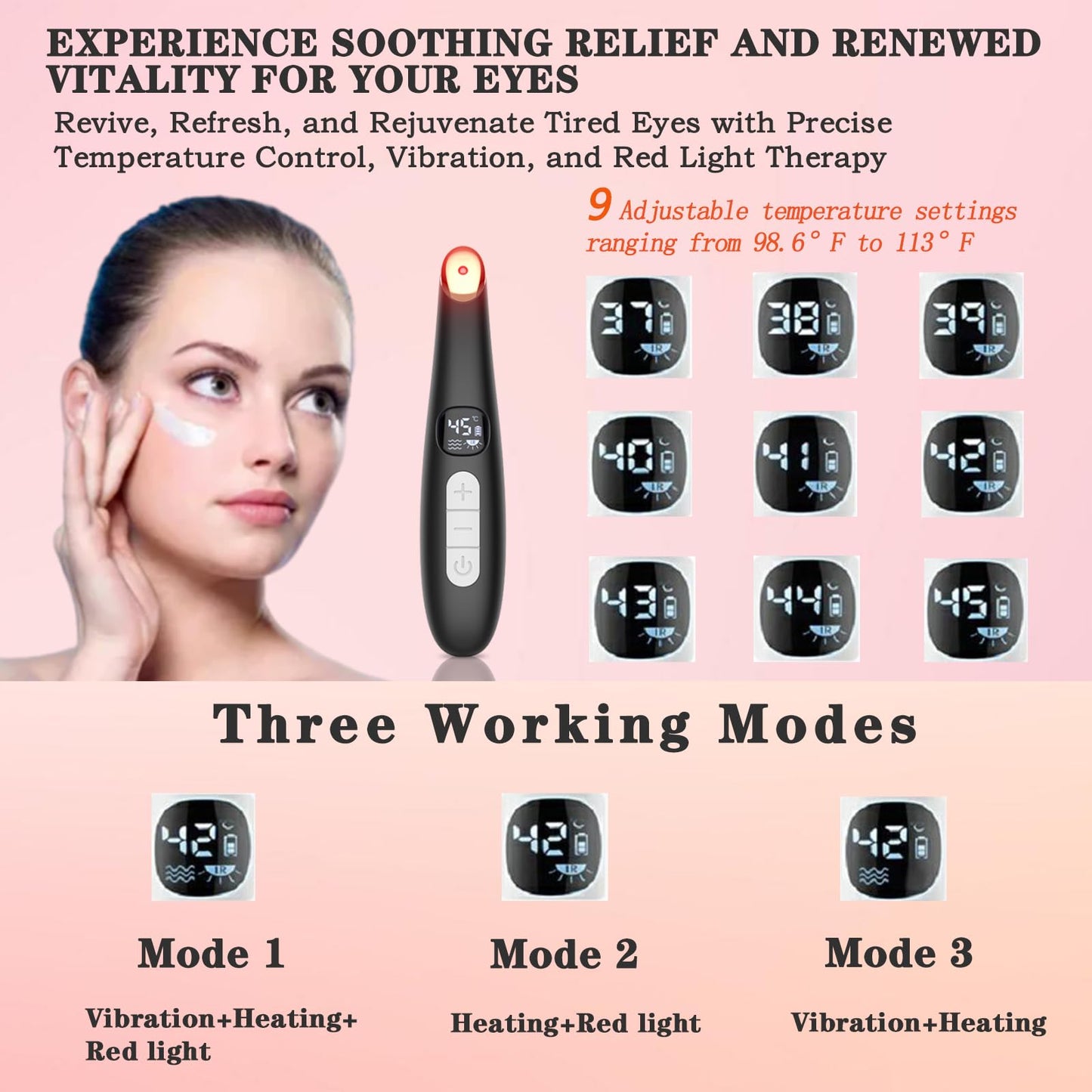 Vowleike Eye Lift Wand, 3 in 1 Vibrating 98°F to 113°F LCD Eye Massager for Dry Eyes, Dark Circles and Puffiness, Face & Neck Lifting Tool for Fine Lines and Wrinkles, Black