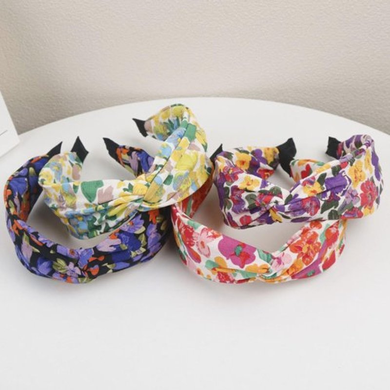 KOVOLITU 4 Pack Flower Print Knotted Headbands for Women Fashion Hair Bands Wide Cross Knot Headbands -Oil Painting