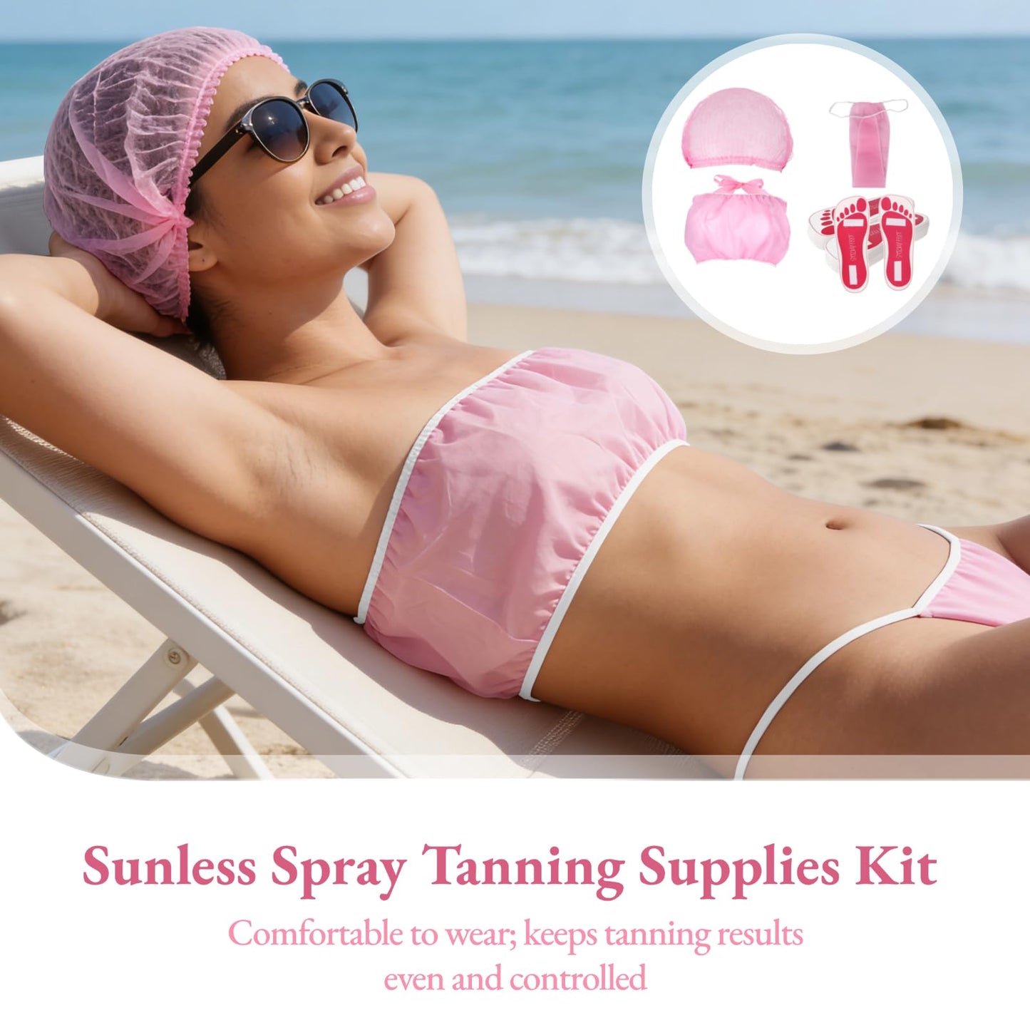 100 PCS Spray Tan Accessories, Disposable Spray Tan Accessories Set with Feet Pads Hair Caps Bra Underwear, Beach Tanning Wear Kit for Home Self Tanning Salon Use