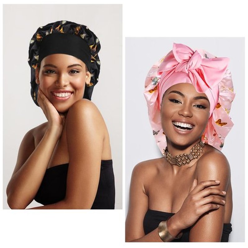 Arqumi Pack of 2 Satin Sleeping Bonnet, Large Satin Sleep Bonnet, Long Strap, Adjustable Sleep Cap Hair Bonnet with Butterfly Pattern, Black+Pink