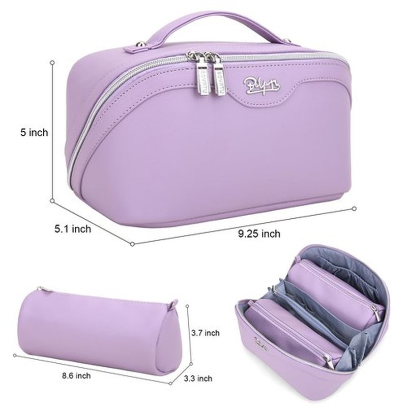 Travel Makeup Bags Cosmetic Organizer Bag: 3-Set Large Capacity Make up Bag - PU Leather Toiletry Bag for Women - Wide Open Portable Pouch with Divider & Handle (09-lilac)