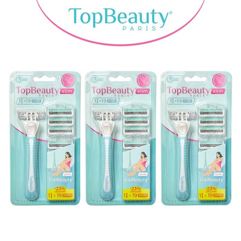 TopBeauty Paris Slim Razors for Women - Manual Razor with Refills (3 Handles + 57 Replaceable Cartridges) - 3-Blades Technology - Beautiful Price - Bikini Razor - Soft Shave & Loving Care