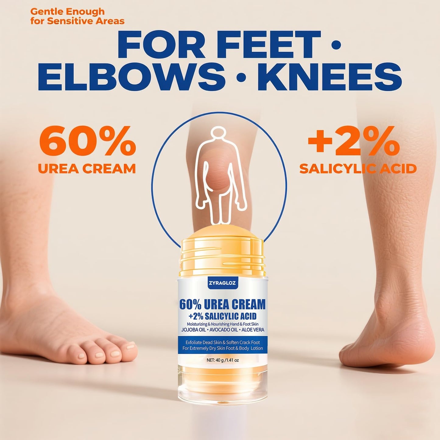 Urea Cream Stick 60% plus 2% Salicylic Acid, 2PCS Maximum Strength Urea Cream for Feet, Foot Lotion Stick for Cracked Heels, Dry Hands & Rough Knees, Callus Remover & Skin Softener, Soften Dead Skin