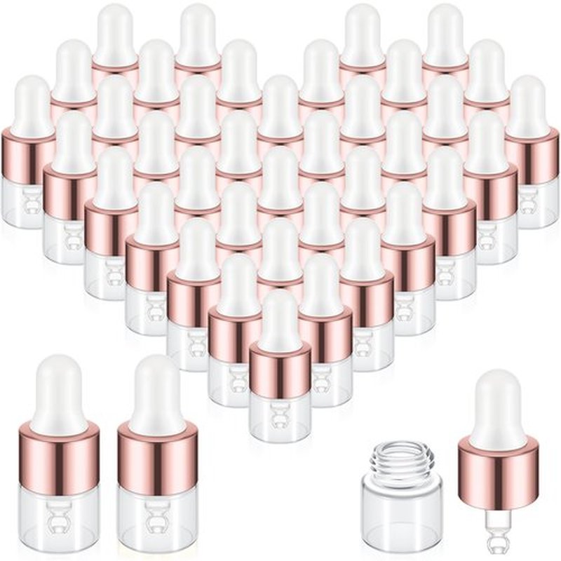 Didaey 100 Pcs Mini Glass Dropper Bottle Bulk, 1 ml Rose Gold Clear Essential Oil Dropper Bottles Small Tincture Empty Bottles Sample Containers Perfume Liquid Vials with Cap for Traveling