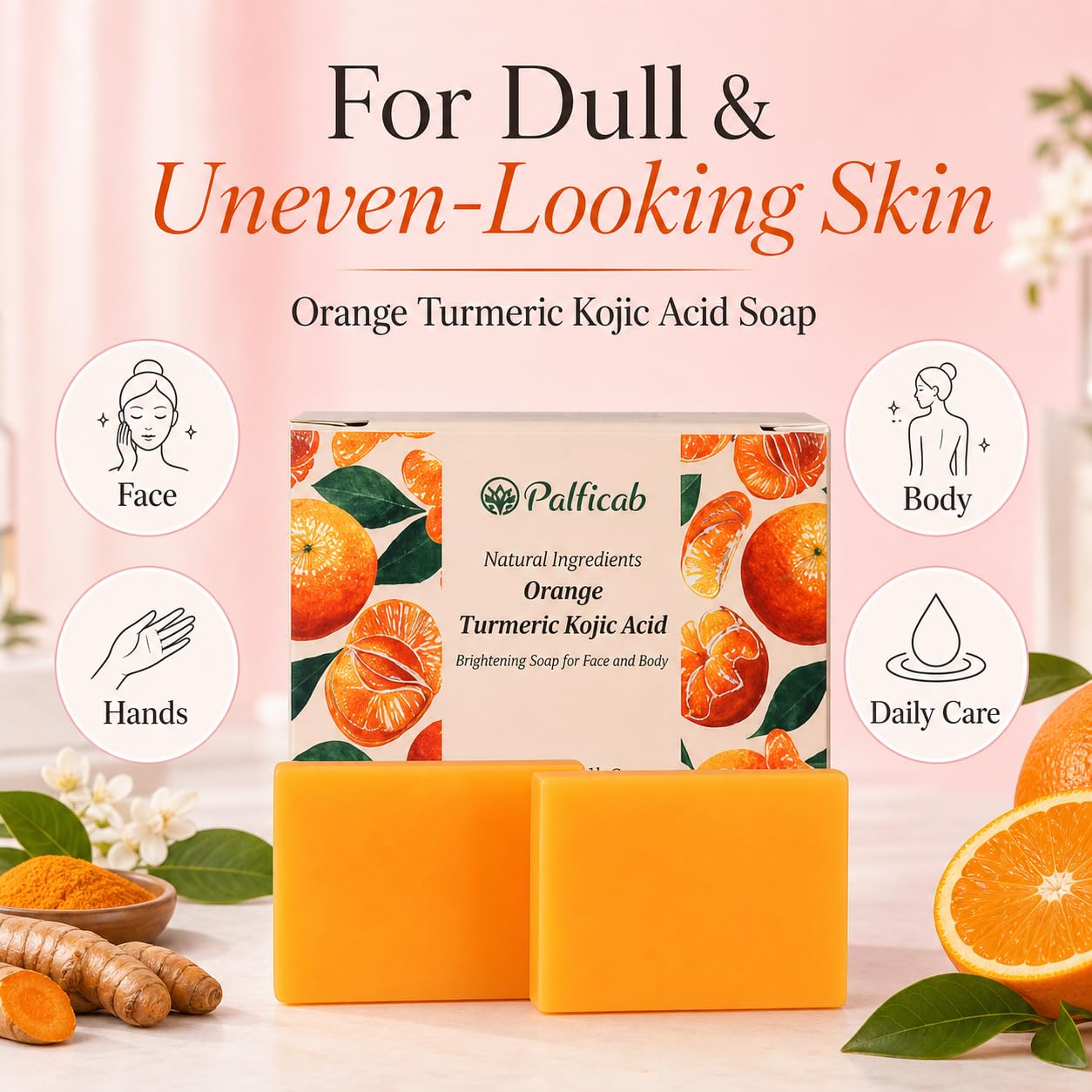 PALFICAB Kojic Acid Turmeric Soap for Dark Spots, 2 Bars with Foaming Net