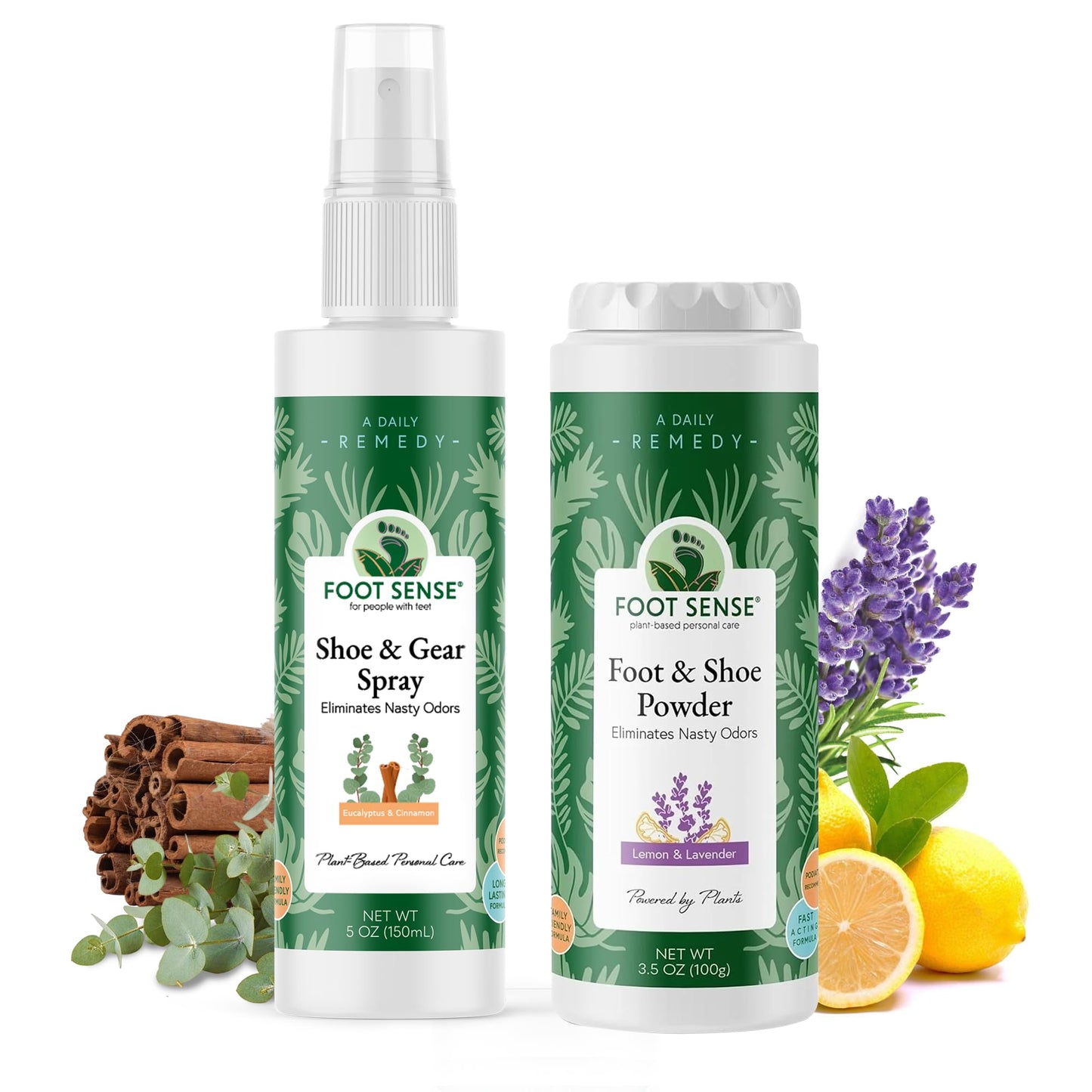 FOOT SENSE BUNDLE - All Natural Foot and Shoe Powder 3.5 oz & FOOT SENSE All Natural Shoe and Gear Spray 5 oz - Odor Fighting Combo