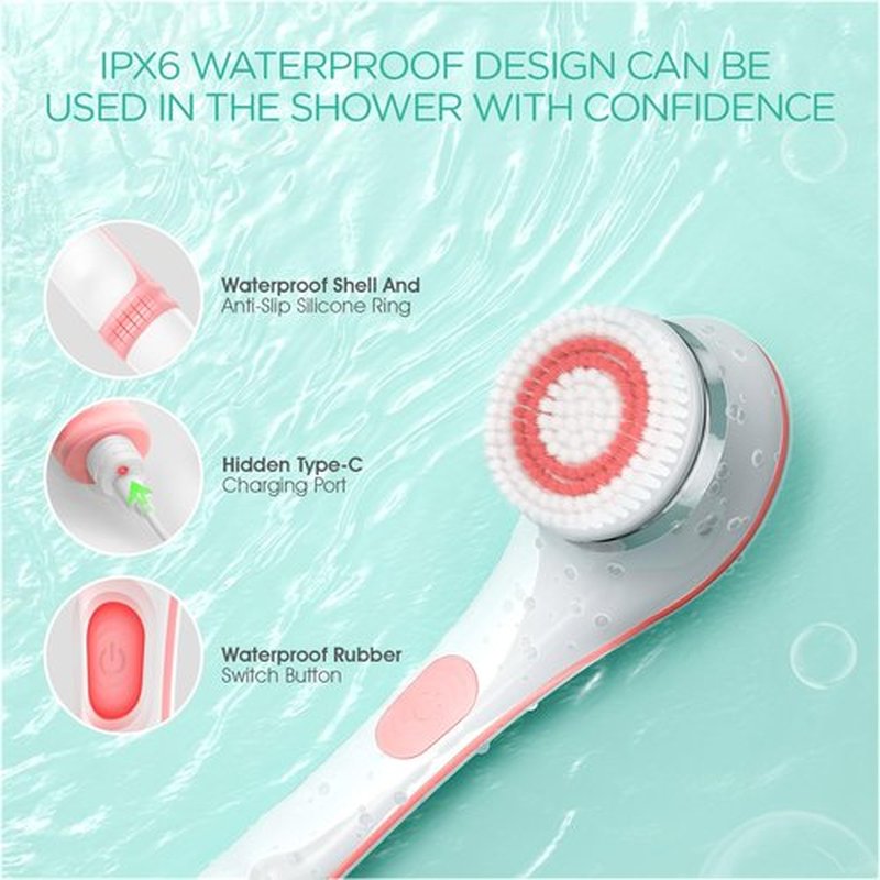 VOYOR Electric Body Brush Back Scrubber for Shower Rechargeable Exfoliating Bath Brush Powered Shower Brush with Non-Slip Long Handle Deep Cleansing, Exfoliation, Massaging Spin Brush BC100 (Pink)