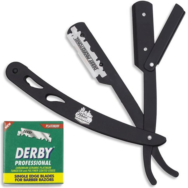 The Shave Factory Straight Edge Razor Kit (Black / 100 Derby Professional Single Edge Razor Blades)