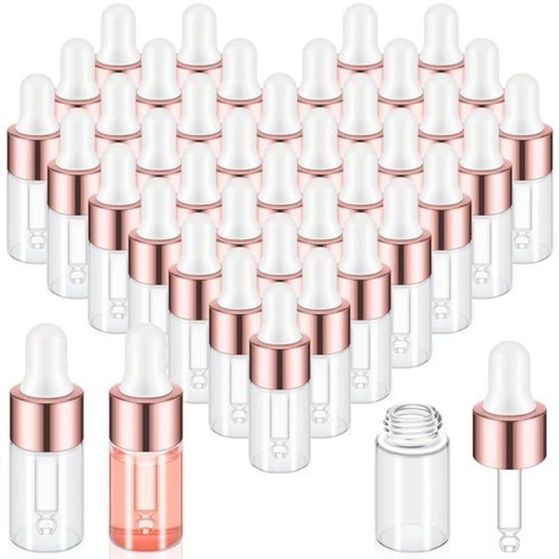 Didaey 100 Pcs Mini Glass Dropper Bottle Bulk, 3 ml Rose Gold Clear Essential Oil Dropper Bottles Small Tincture Empty Bottles Sample Containers Perfume Liquid Vials with Cap for Traveling