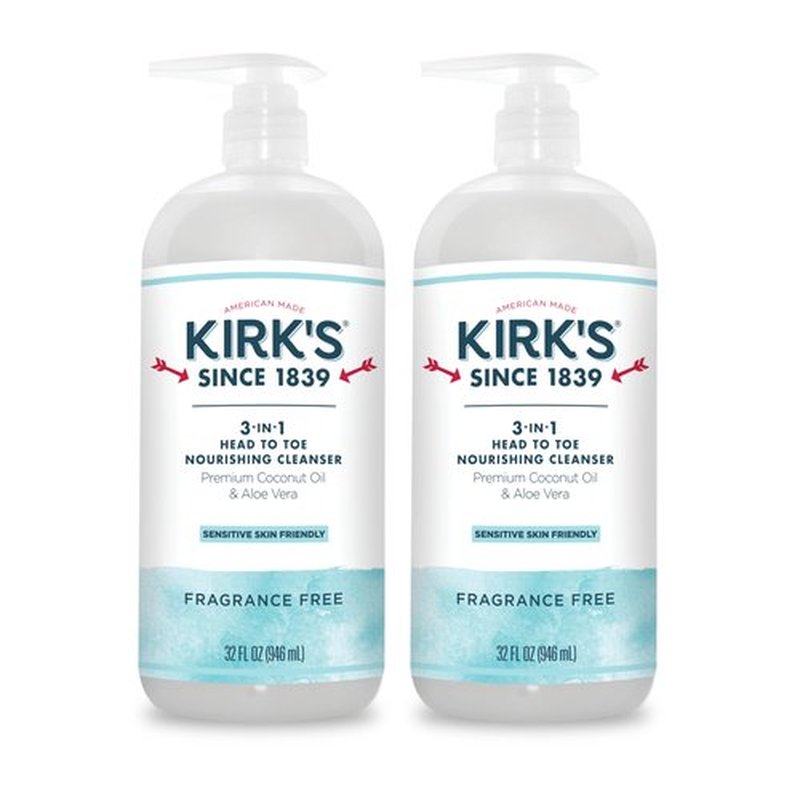 Kirk's 3-in-1 Head to Toe Nourishing Liquid Cleanser- for Men, Women & Children - Premium Coconut Oil & Aloe Vera- Non GMO & Vegan -Fragrance Free - 32 Fl Oz. - 2 Pack