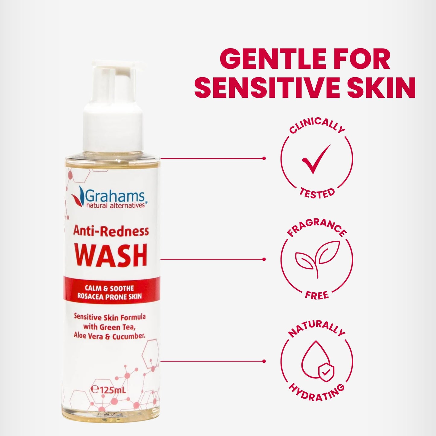 Grahams Natural Anti-Redness Face Wash for Rosacea – Gentle Facial Cleanser to Soothe and Calm Redness-Prone Skin With Green Tea, Aloe Vera and Cucumber | For Sensitive Skin (1 x 4.23 fl oz)