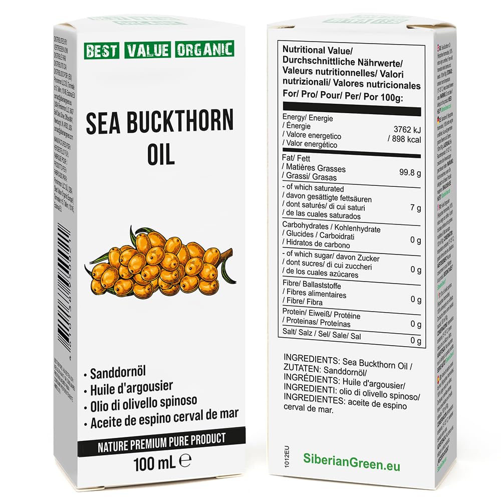 Siberian Sea Buckthorn Oil 100 Ml, Non-GMO, Unrefined, First Cold Pressed, Raw, Natural - 3.4 Fl Oz from wild harvested berries and seeds