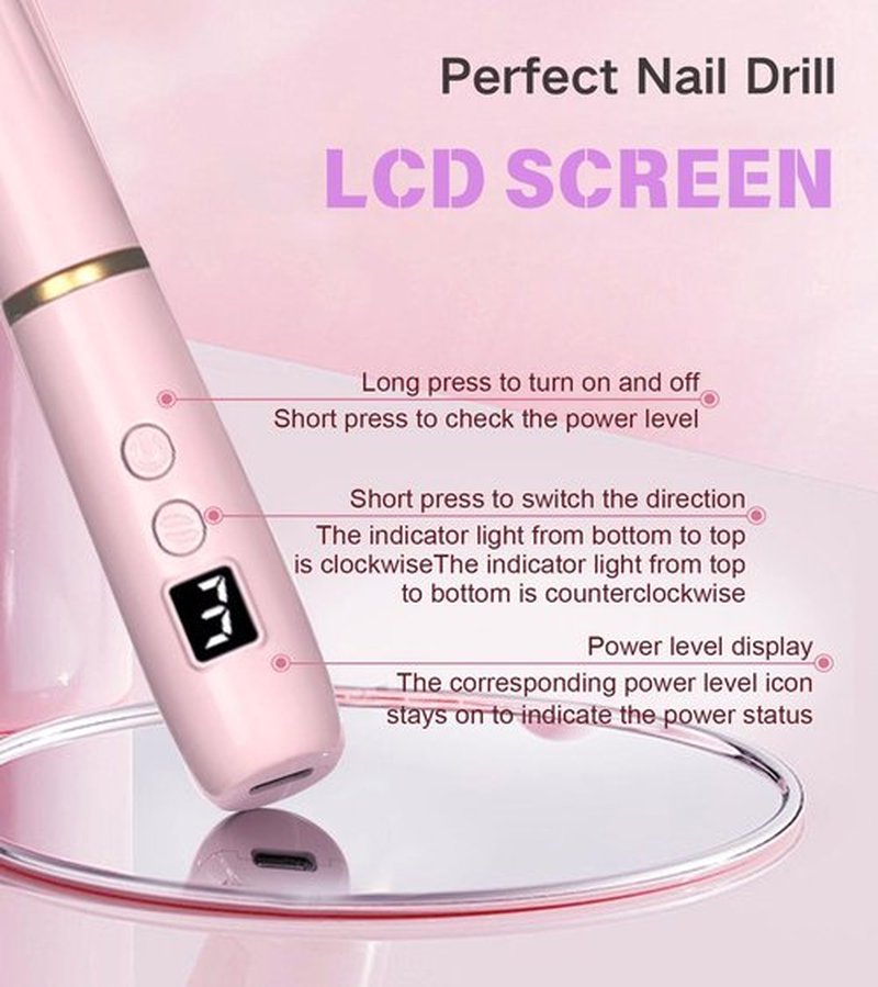 HengYuaoler Electric Nail Drill Machine File Efile Set for Acrylic Gel Nails Portable Nail Drill Machine Kit Rechargeable Pedicure Tools for Hand Feet Manicure Pedicure Tools Polishing Set (Pink)