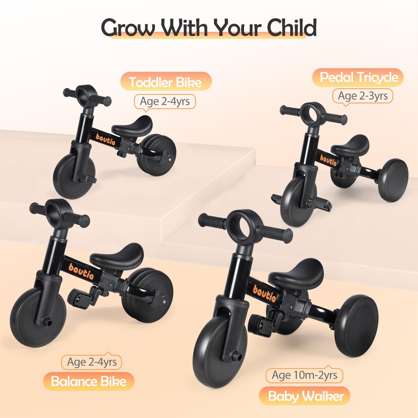 BAUTIA Tricycle for Toddlers 1-3, 4 in 1 Baby Balance Bike 1 2 Year Old Boy Girl Birthday Gift, Kids Bicycle Outdoor Toy with Removable Pedals