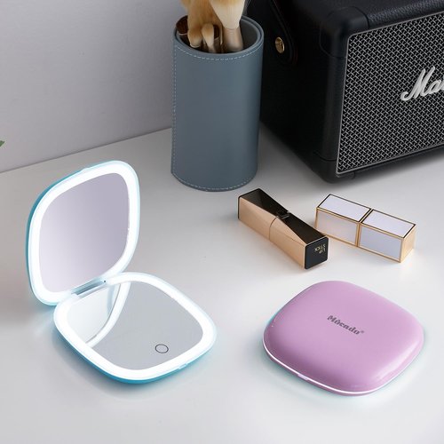Mocado Compact LED Travel Makeup Mirror - 4 Inches 1X/10X Magnification Travel Mirror with Light Dimmable Double Sides Lighted USB Rechargeable Compact Mirror for Purse,Pocket,Travel(Purple)