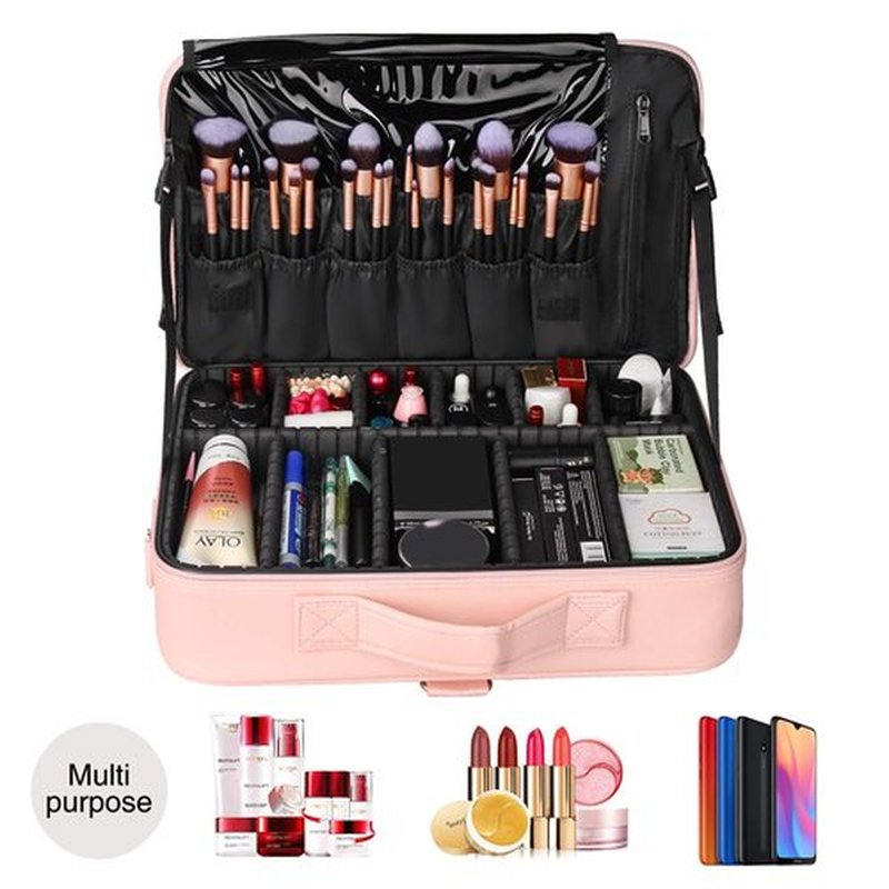 Relavel Makeup Case Large Makeup Bag Professional Train Case 16.5 inches Travel Cosmetic Organizer Brush Holder Waterproof Makeup Artist Storage Box, 3 Layer Large with Adjustable Strap (Pink)