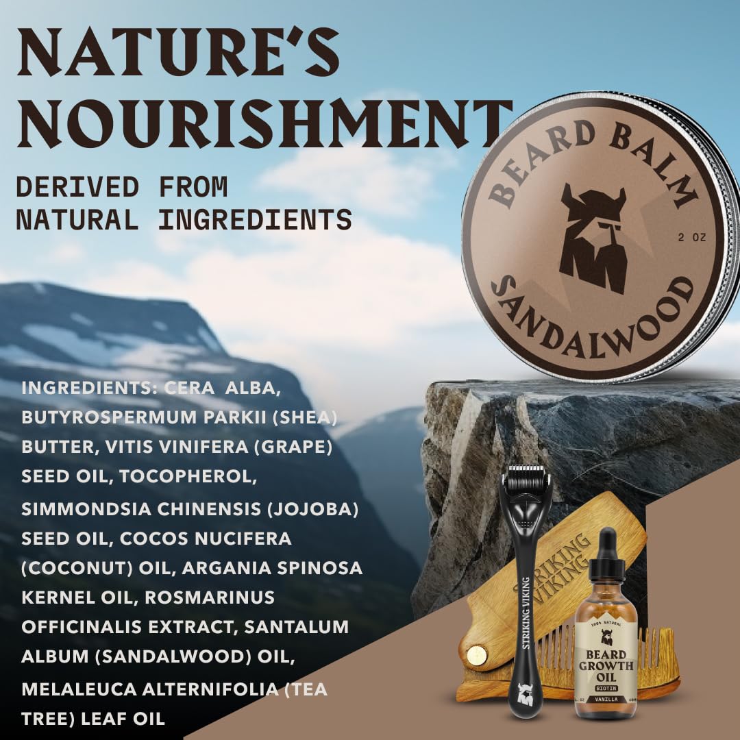 Striking Viking Beard Balm for Men - Sandalwood Scent, 2 Ounces - Leave in Beard Conditioner & Styling Balm - Made with Naturally Derived Argan & Jojoba Oils