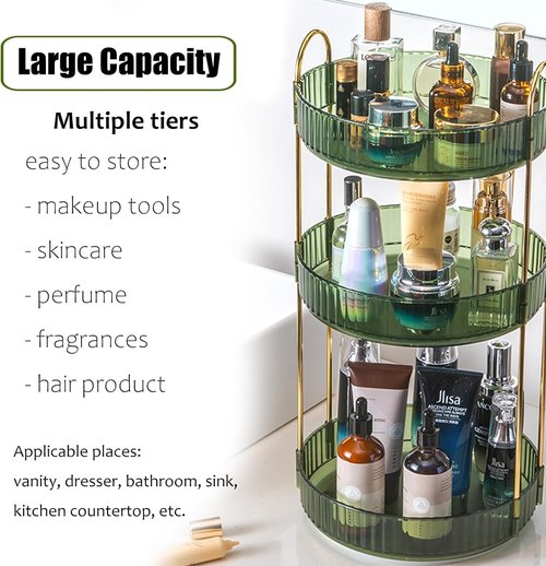 Zufudo Rotating Makeup Organizer 3 Tier Lazy Susan Trays Skincare Perfume Organizer for Bathroom Counter Vanity, Green Gold