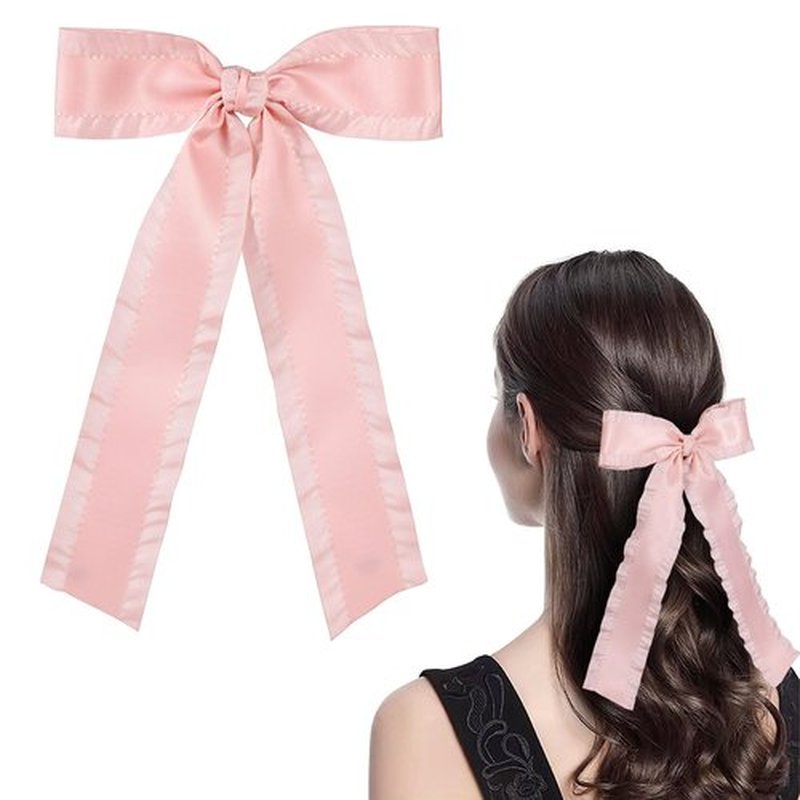 5.5inch Korean Pink Ruffle Ribbon Tassel Hair Bow Clips for Women Girls Big Stylish Bowknot Alligator Barrettes hairpins with Long Tail, Perfect Hair Accessories for Any Occasion