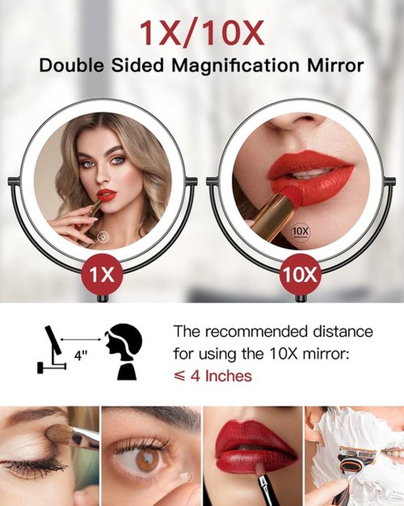 Gospire 9” Wall Mounted Lighted Makeup Vanity Mirror with 3 Color Lights & Stepless Dimming, 1X/10X Magnifying LED Double Sided Bathroom Touch Sensor Extendable Arm 360° Swivel Shaving Cosmetic Mirror