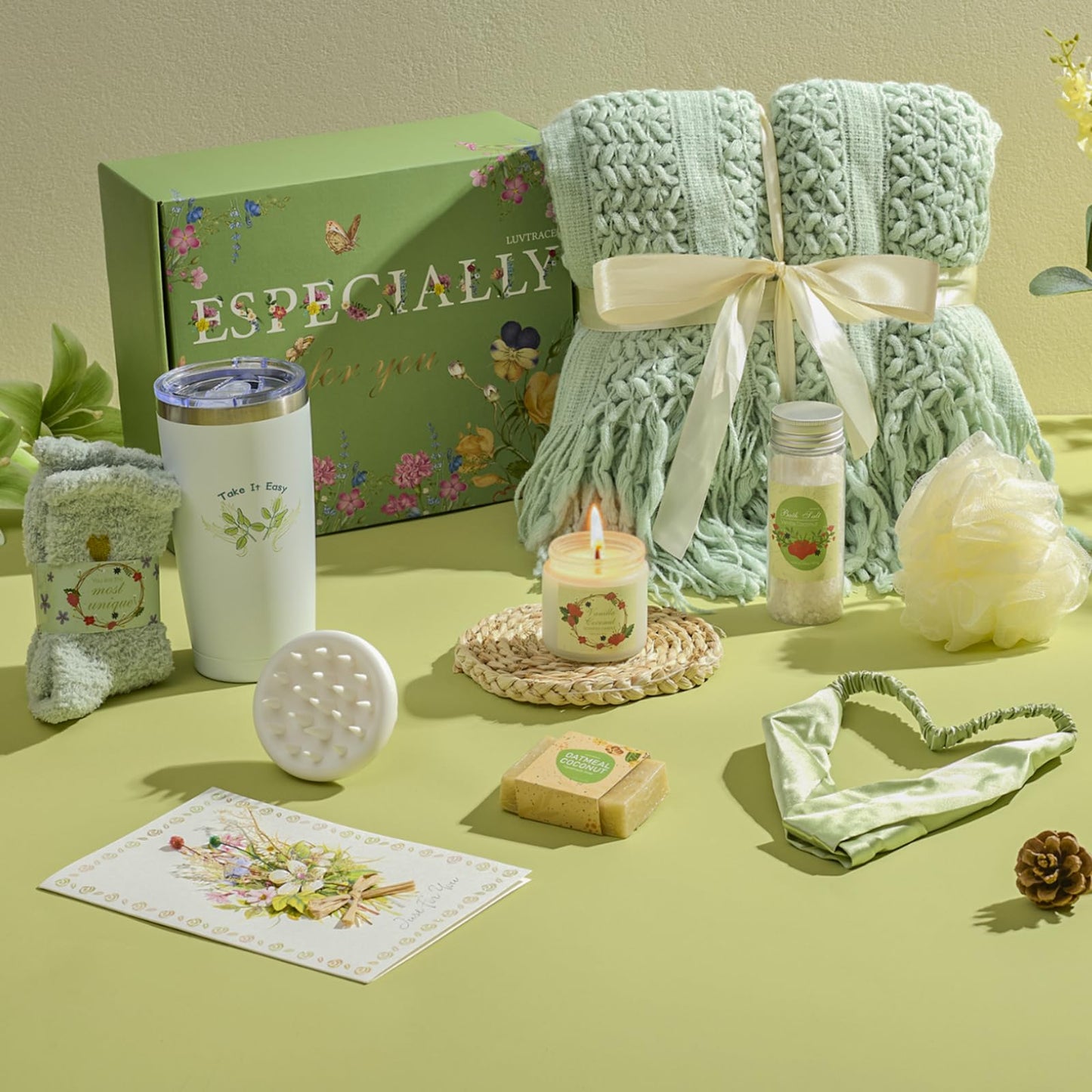 LUVTRACE Self Care Gifts for Women Spa Gift Baske Box with Blanket, Candle, Bath Salt & Tumbler — Birthday, Get Well Soon, Thinking of You, Christmas Gifts (Dark green)