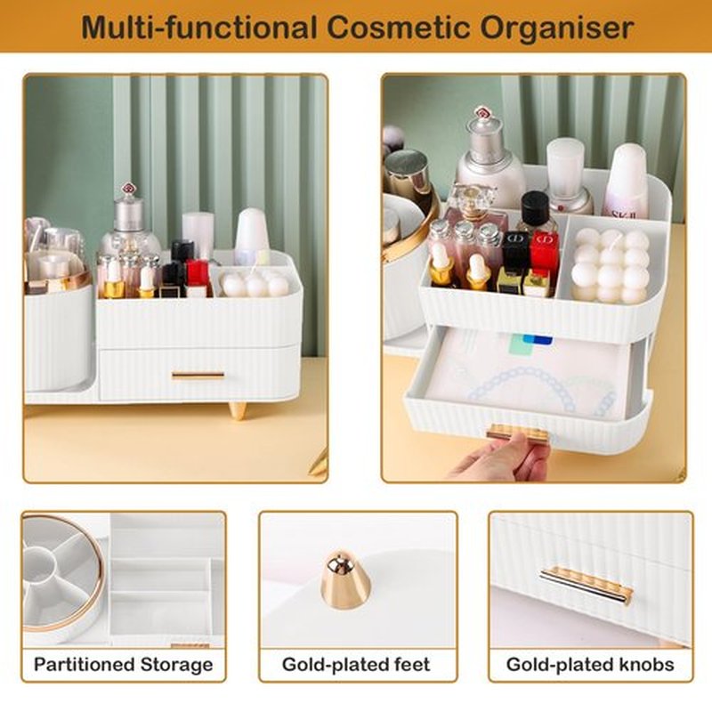Rotating Makeup Organizer for Vanity with Brush Holder and Drawer, Cosmetic Makeup Storage, Large Spinning Makeup Skincare Organizer, Countertop Makeup Perfume Organizer, Lotions Display Case (White)