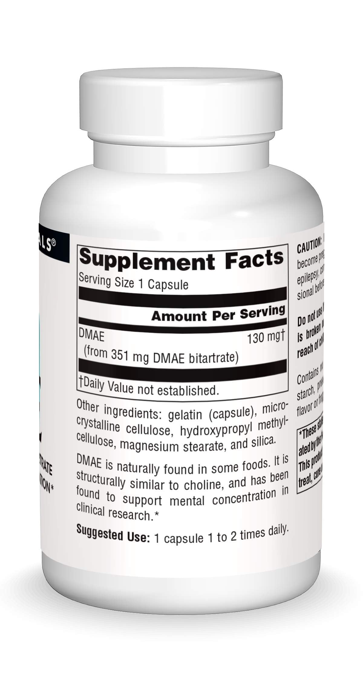 Source Naturals DMAE, Dimethylaminoethanol Bitartrate - Supports Mental Concentration*, 351mg - 100 Capsules