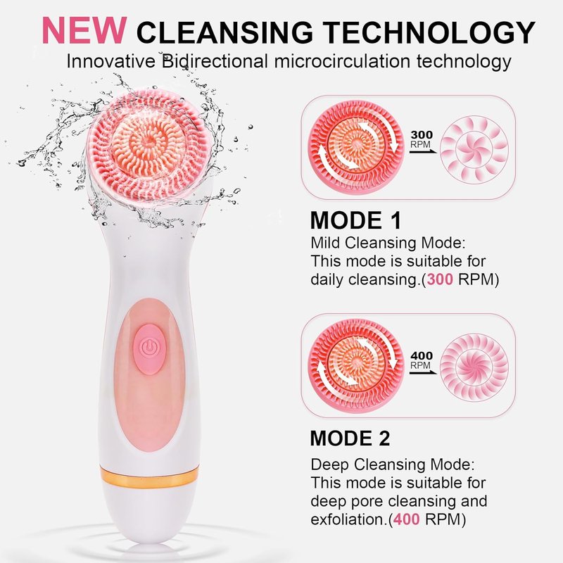 Electric Facial Cleansing Brush - 3-in-1 Waterproof Scrubber with 3 Brush Heads for All Skin Types | Rechargeable & Pink