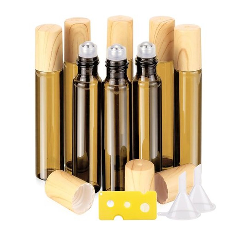 10ml Small Essential Oils Roller Bottles for Oils, 8-Pack 1/3 Oz Slim Amber Glass Roll-on Bottles for Essential Oils, Empty Eye Rollerball Bottle with Roller Ball for Perfumes, Lip Balms and Travel