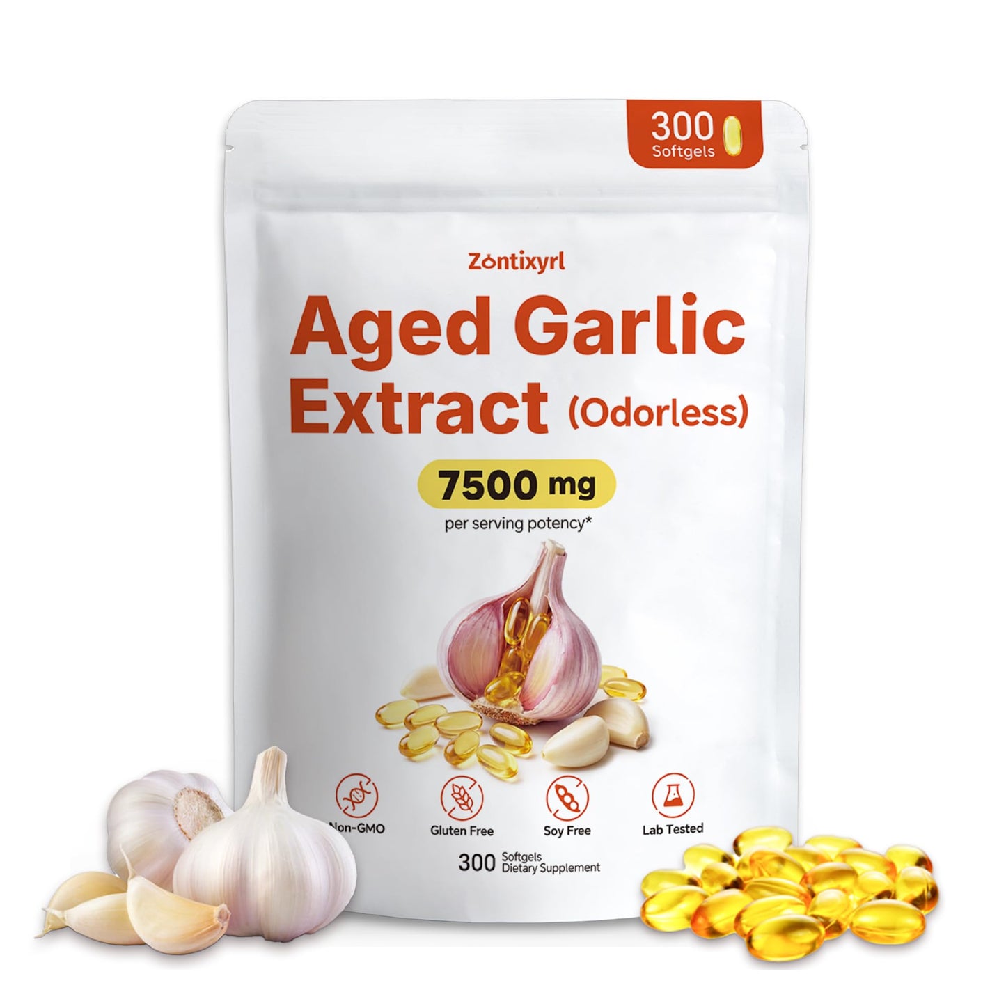 Zontixyrl Aged Garlic Extract Softgels - Odorless Formula for Heart & Immune Support | Max Strength | Non-GMO | Gluten-Free | 300 Softgels