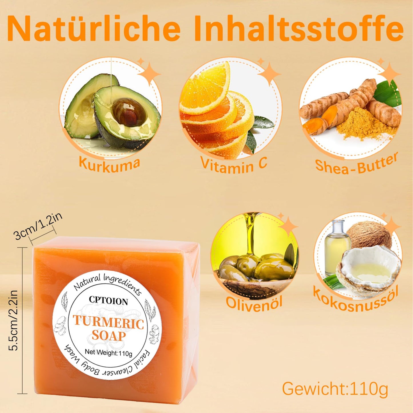 Cptoion 2 PCS Turmeric Soap Bar for Face and Body,Gentle Turmeric Face Soaps,Skin Soaps for All Skin Types