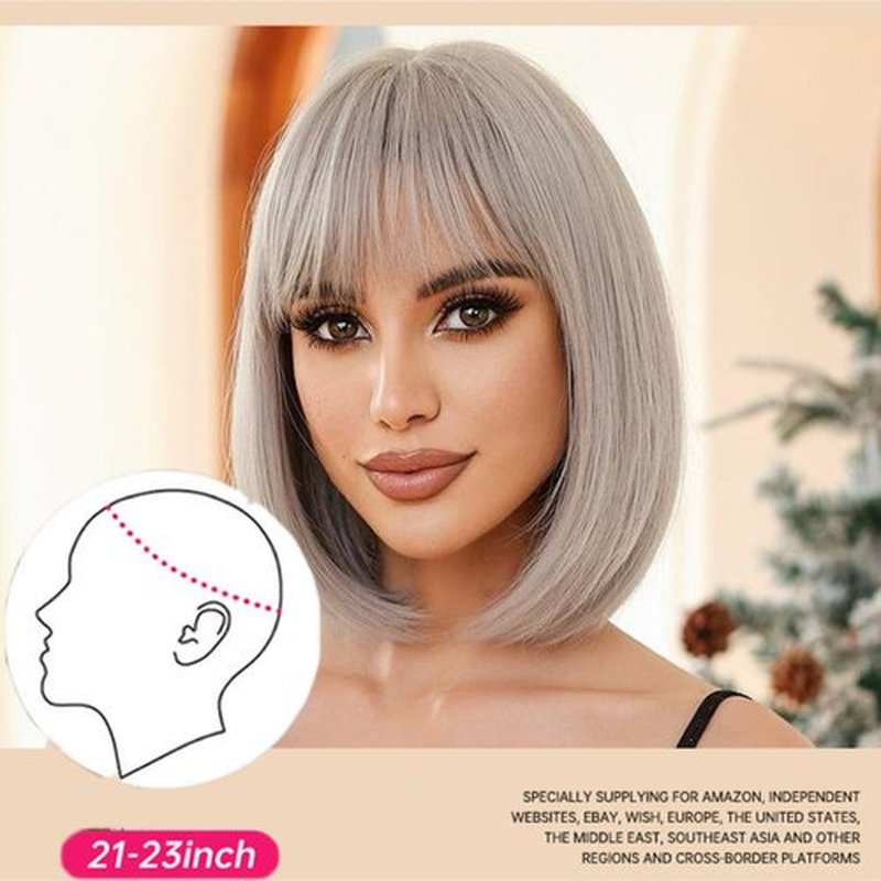 Tangyaoyusun 12Inch Black Wig with Bang Short Straight Bob Hair For Girls Women Theme Party (Silver Gray)