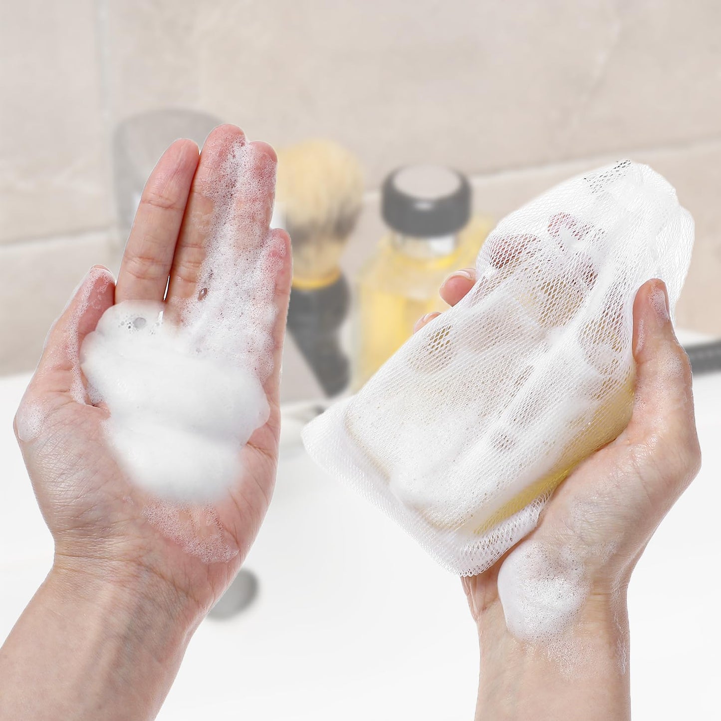 6 PCS Exfoliating Mesh Soap Pouch Soft Soap Bag with Drawstring for Shower Double Layer Thicken Foam Net Bubble Foam Net Soap Sack Saver Pouch, White